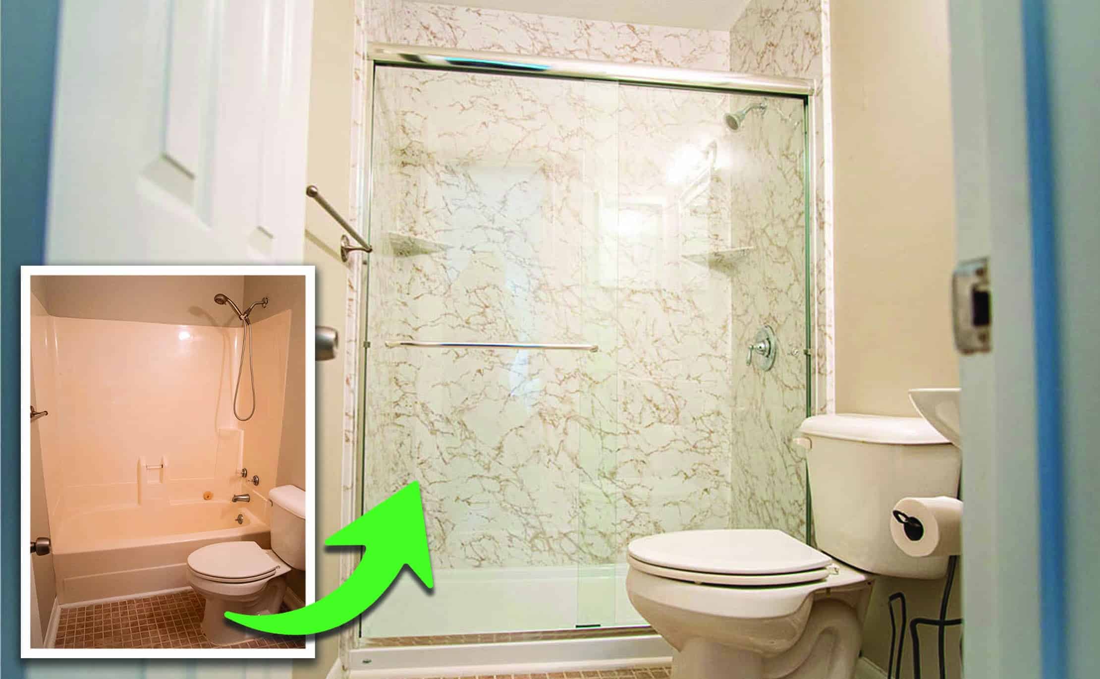 Graphic showcasing a before and after tub to acrylic shower conversion with marble-mimicking walls and added glass sliding doors.