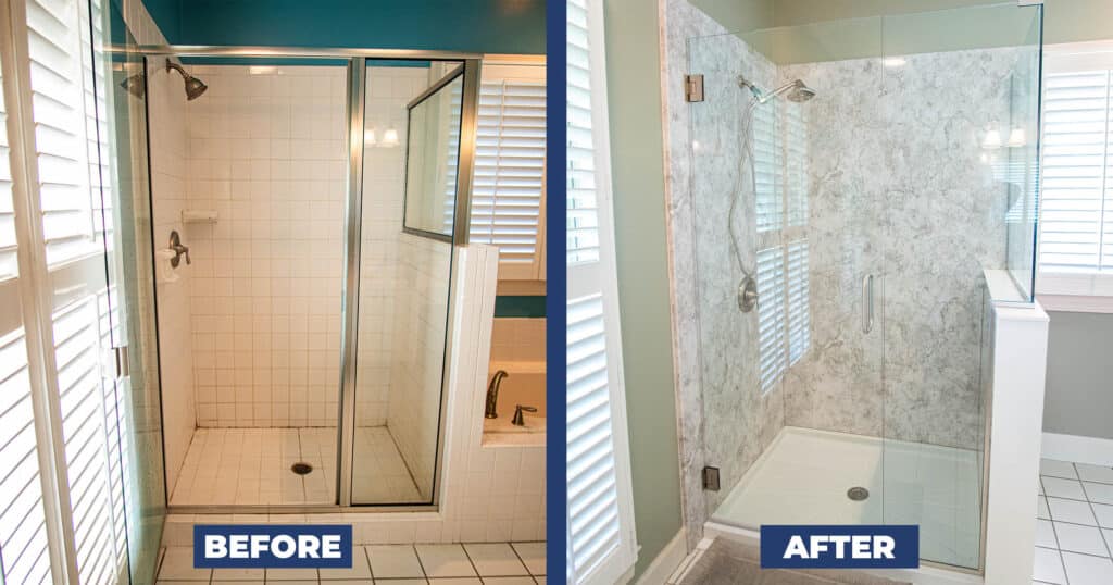 Graphic showcasing a before and after shower with moldy tile replaced with an acrylic shower, walls, and pan.