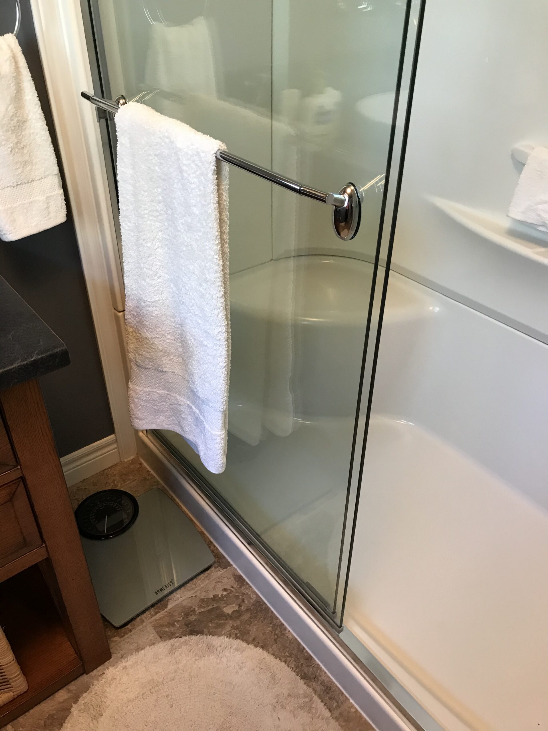 Dated shower from a different angle before replacement and remodeling.