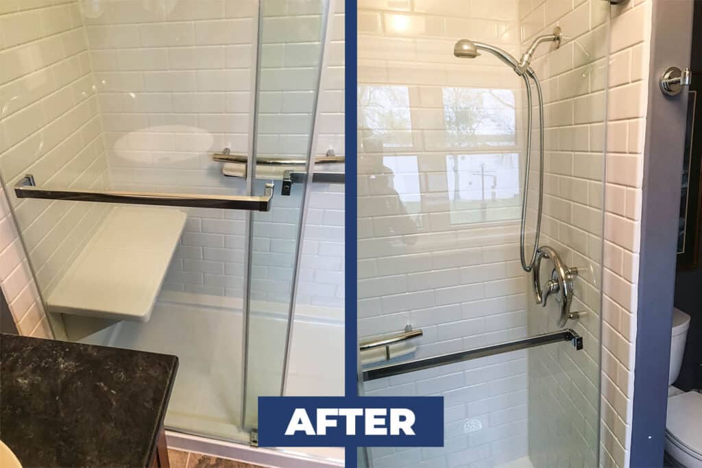 Acrylic shower with walls mimicking subway tile, showcasing a clean and modern design.