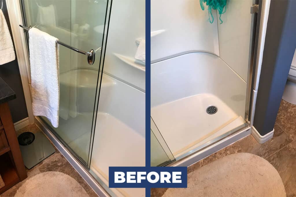 Old shower with worn-out surfaces and fixtures, showcasing the need for replacement and remodeling.