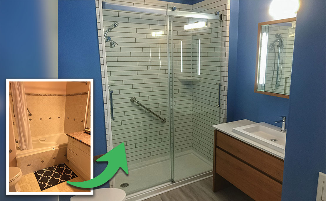 Graphic showcasing a before and after tub to shower conversion with an acrylic shower designed to mimic tile, highlighting a complete bathroom remodel.