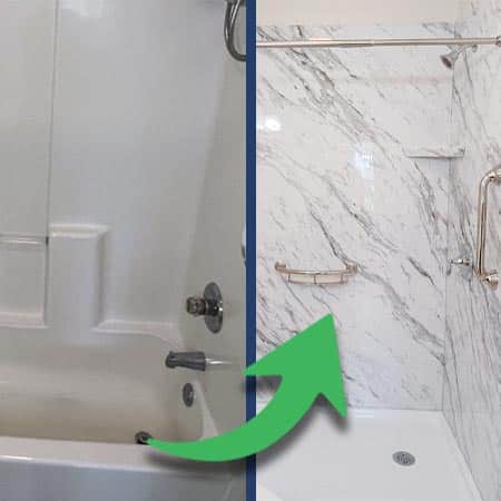 Graphic showcasing a before and after tub to acrylic marble shower conversion.